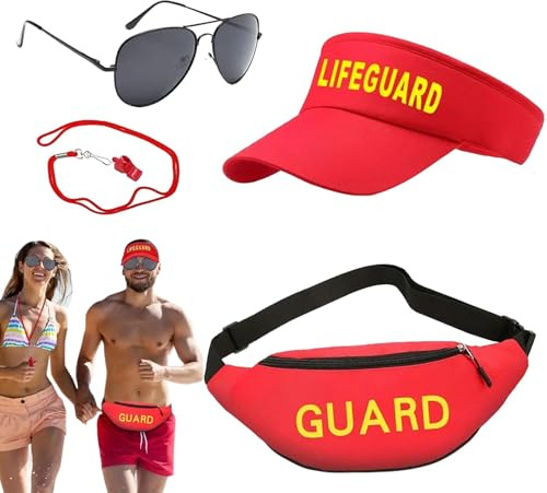 Fruusv Sandlot Lifeguard Costume, Adjustable Lifeguard Outfit, Baywatch Accessories with Sun Visor, Fanny Pack, Sunglasses, Whistle, Fun Lifeguard Costume for Parties, Halloween, and Themed Events