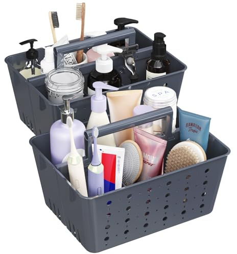 Lifewit Cesta Baño Organizador, Organizador Productos limpieza, Cesta Ducha Plástico con Asa, Cestos Almacenaje Para Guardar Champú, Gel de Ducha, Cepillo y Pasta de Dientes, Gris, 2 Piezas
