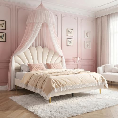 Julyue Bett für Kinder, Mädchen, 140 x 200 cm, Polsterbett mit Kopfteil in Blumenform, gepolstertes Bett für Einzelbetten mit Lattenrost, ohne Matratze (Beige)