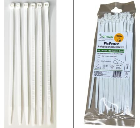 Befestigungsschlaufen FixFence in weiß für Sichtschutzmatten mit 200x4,6mm 50 Stück im Beutel von bambus-discount.com - Montage Schilfrohrmatten Bambusmatten mit Kabelbinder befestigen