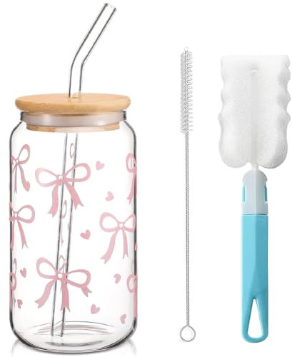 NIEEKRUN Bicchiere in vetro con coperchio e cannuccia, bicchieri da 16 oz Bubble Tea Tazza Iced Coffee Glass, con fiocco rosa, bicchiere in vetro Bow bicchiere versatile per caffè, cocktail e altro
