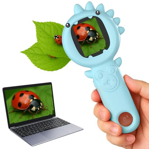 2-in-1 Microscope Camera for Kids, Mini Handheld Microscope Supporting Multiple Viewing Angles, Outdoor Educational Science Adventure Toys, Birthday Gifts for 3-10 Years Old Boys Girls, Blue Dinosaur