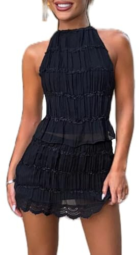 Two Piece Skirt Sets for Women Backless Halter Tie Top Flowy Smocked Mini Skirt Y2k 2 Piece Going Out Outfit