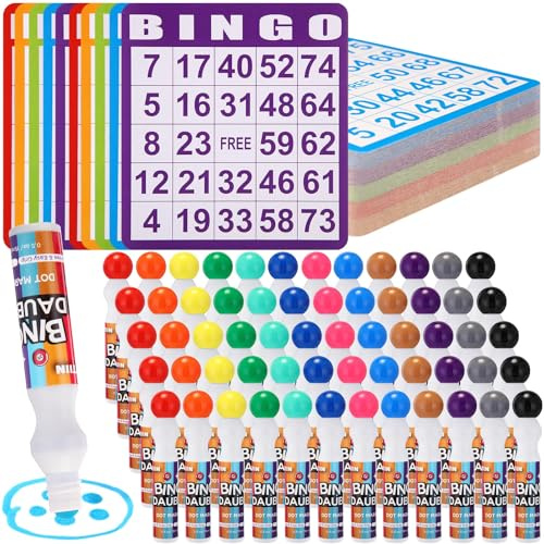 Crtiin Assorted Colors of Bingo Game Cards and Daubers Set Includes Bingo Paper Game Cards and Dot Markers Supplies for Family Gathering Activity, Large Groups, Parties, Games Night(0.5 oz)