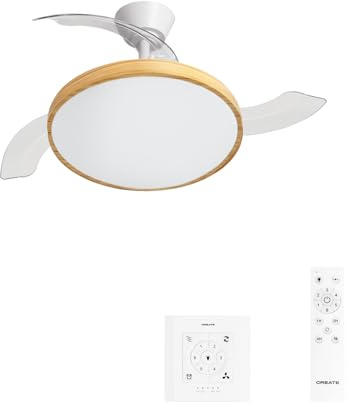CREATE / WIND CLEAR STUDIO M/Deckenventilator mit Beleuchtung Weiß Hellesholzflügel mit Wandschalter und Fernbedienung / 40W, Ø108 cm, einziehbare Flügel, 3 LED-Temperaturen, Sommer-Winterbetrieb