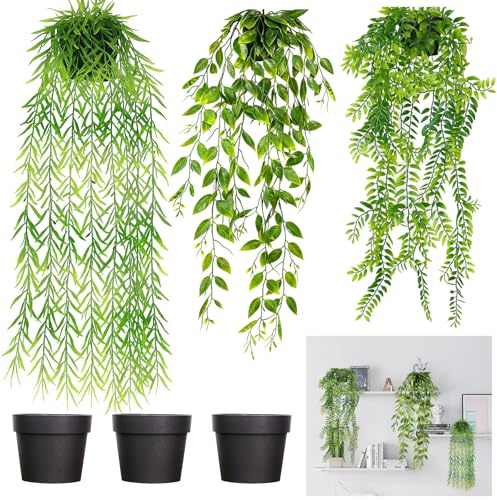 DONQL 3 pack Fake Hanging Plants with Pots, 60/80/80 cm Artificial Hanging Plants, Maintenance-free Fake Ivy, Faux Plant for Balcony Bathroom Shelf Office Indoors Outdoor Deco