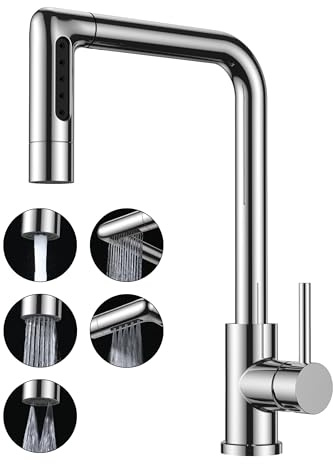 FORIOUS Grifo Cocina Extraíble, Grifo Cocina Fregadero con 5 Modos de Chorro, Acero Inoxidable Giratorio 360°, Monomando Para Agua Caliente y Fría Torneira de Cozinha, Cromo Pulido