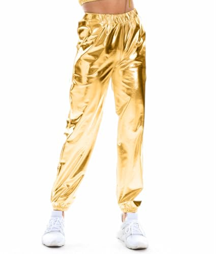 NewL Damen Metallic Glänzend Jogger Casual Holographische Farbe Streetwear Hosen Hip Hop Mode Glatte Elastische Hosen