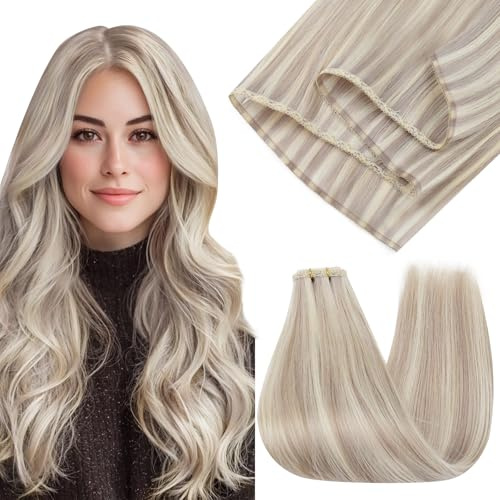 Full Shine Sew In Extensions Real Human Hair Ash Blonde Weft Hair Extensions Color 18P613 Ash Blonde Highlight Bleach Blonde Human Hair Weft Extensions Sew In 18 Inch 60 Grams