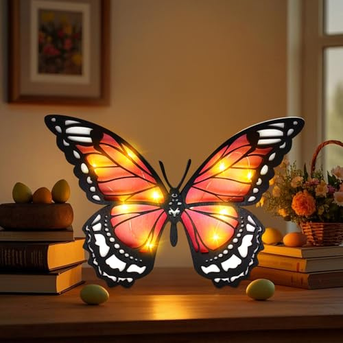 Herbstdeko Beleuchtung Holz Schmetterling Deko, 3D Herbst Dekoration Holz Schmetterling mit LED Lichterkette Innen, Herbst Lampe Für Schlafzimmer Wohnzimmer TischDeko, Geschenk (Rosa)