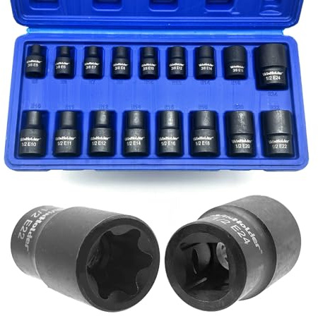 WinHolder 35Peices 6 Point Deep Impact Sockets Set 1/2 Inch Metric 8mm-32mm/8PCS Impact Socket Adaptor 1/4 3/8 1/2 3/4 Step Up/Down Reducer (17pcs E Torx Star Socket Set Blue Case)