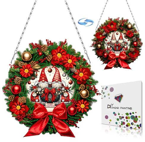 CXINLky Diamond Art Painting Weihnachten Anhänger mit Kette, Diamant Painting Erntedankfest Fensterbilder Wandbehang Kits für Fenster Wand Garten Decor-06-Weihnachtskranz