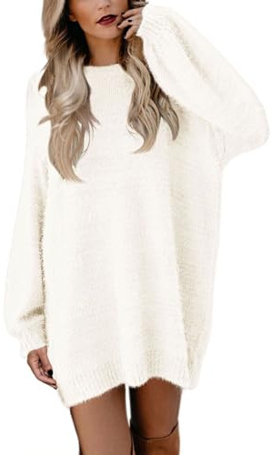 Pink Queen Damen Mini Pulloverkleid Rundhals Pullover Übergroßer Puffärmel Langarm Pelziger Strick-Minikleid Beige Weiss M