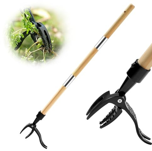 THCTYRP Desbrozadora con Mango de Madera de 1,1 m de Largo | Quitadientes de león con 4 Garras metálicas y Pedal | Desbrozadora Vertical para césped | Herramienta de jardinería Apta para Mascotas