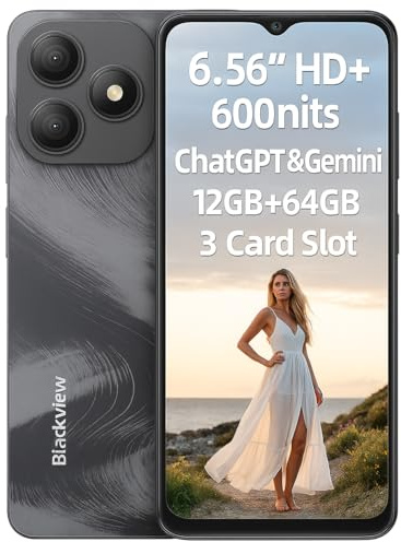 Blackview Wave 9C 4G AI Smartphone Débloqué, 6,56'' 600nits Écran, 12GB+64GB(2TB Externe), 3 Assistants Intelligents IA, 13MP+8MP, 3 Emplacements pour Cartes, Android 15 Dual SIM Téléphone, GPS Noir