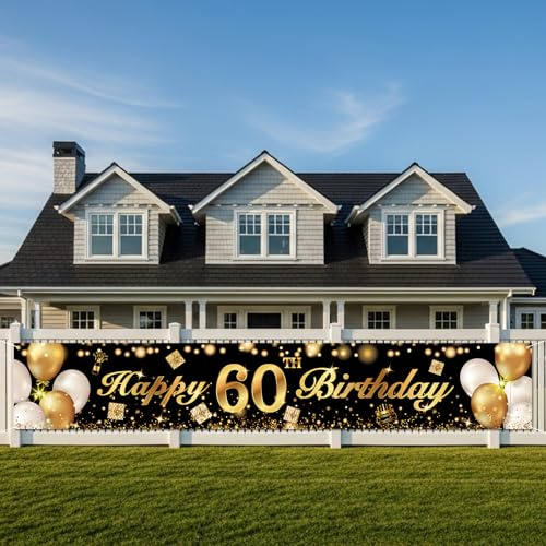 60. Geburtstag Banner Schwarz Gold, Party Hintergrunddeko 210 x 40 cm | Elegantes Schwarz-Gold-Design, lange Bannergröße, ideal für Zäune, Wände und Fotobereiche bei Geburtstagsfeiern