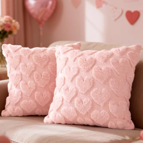 Lanpn 40x40 cm Housses de Coussin Saint Valentin Lot de 2, Housse Oreiller Taie Oreiller Décorative Amour Décorations de la Décoration Romantique pour Salon Chambres Canapé Lit (Rose, Petit Cœur)