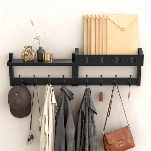 WoRaum Wandgarderobe Holz – Garderobenleiste mit 8 Kleiderhaken & 4 Schlüsselhaken, Wandmontage Jackenhalter, Minimalistisch für Schlafzimmer & Flur (Schwarz,B01)