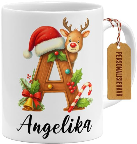 OM3® Personalisierte Weihnachtstasse mit Rentier und Buchstabe - Individuelle Kaffee-Tasse mit eigenem Namen - Keramik Becher - 325ml - Beidseitig Bedruckt - Weiss