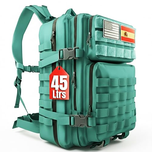 SPARTANFY | Mochila Crossfit Hombre 45L | Mochila Táctica Militar Impermeable para Gimnasio, Senderismo, Viaje, Montañismo | Mochila Grande Resistente con Sistema MOLLE (45L MINT BLUE)