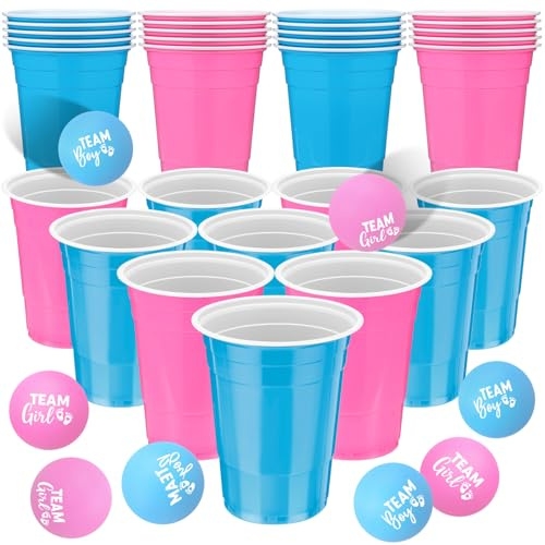 Acellegic 22 Pcs Baby Shower Game Party Team Boys or Girls Cup Set 16 oz Pink Blue Beer Plastic Cups with 8 Balls Gender Reveal Party Game for Indoor Outdoor Event Fun House Parties Favors