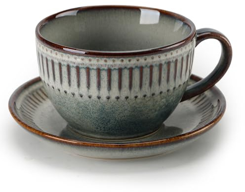 TuYines cappuccinokoppar med tefat, kaffekopp i porslin med tefat, 250 ml espressomugg-set, för cappuccino, latte, espresso och te