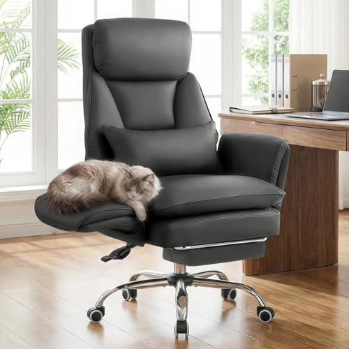 Ckaff Bürostuhl Chefsessel Ergonomisch, Gaming Stuhl mit 5-Stufig Verstellbare Armlehnen & Fußstütze, PU Leder Schreibtischstuhl mit 135° Verstellbarer Rückenlehne & Lendenwirbelstütze, Grau
