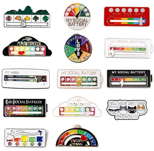 Neikafan Mood Pin Social Battery 14 Stück 11 Stil Anstecker Pin | Soziale Batterie Brosche Mood Tracker Energy Enamelpin Anstecknadel My Social Battery Introvert für Rucksäcke Jacken und Hüte