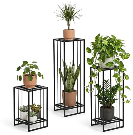 Metall Blumenständer 3er Set Schwarz – Pflanzenständer Metall rechteckig 55 - 75 - 95 cm – Moderner Blumenhocker pulverbeschichtet, robust & pflegeleicht – Pflanzensäule für Innen- & Außenbereich