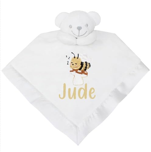 Personalised Baby Embroidered Sleepy Bumble Bee Cuddle Blanket (White)