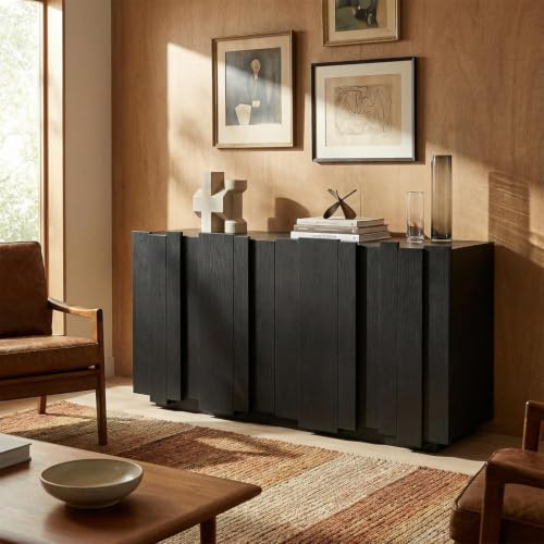 PREMTURE Schwarzes Sideboard 150x40x80 cm – Humorvolles Aufbewahrungswunder aus P2 Spanplatte mit 4 Türen, massiver Tragkraft, stilvollem Reliefdesign & Ablage für Bücher, Pflanzen & Deko