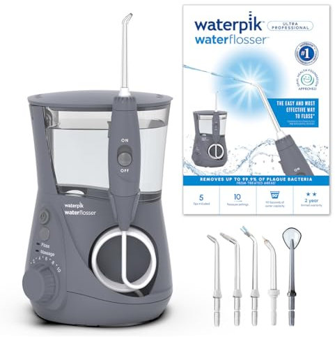 Waterpik Idropulsore Dentale Ultra Professional con 7 Testine e Sistema Avanzato di Controllo della Pressione con 10 Impostazioni, Strumento di Rimozione della Placca Dentale, Grigio (WP-667EU)