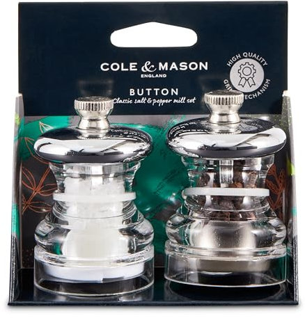 Cole & Mason Button Salz- und Pfeffermühlen-Set mit Chromplatte, verstellbarer Präzisions- und Mechanismus, kleines 65 mm Salz- und Pfeffermühlen-Set ideal für Picknicks, Edelstahl/Acryl