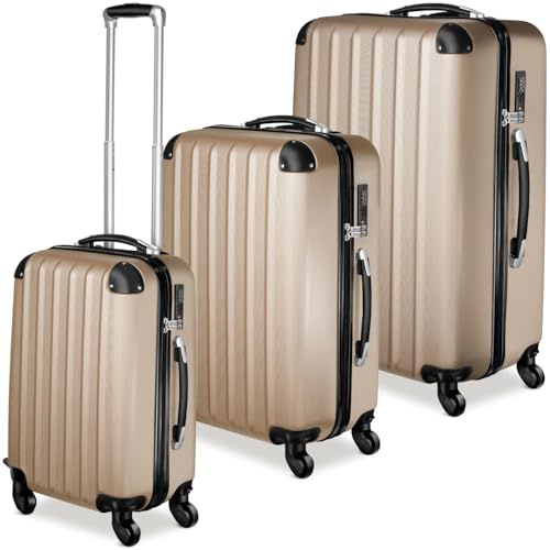 tectake® Set Valigie Trolley Rigide, 3 Pezzi, Grande, Medio, Bagaglio a Mano, Ruote Girevoli a 360°, Struttura ABS Robusta, Maniglie Telescopiche in Alluminio - Champagne