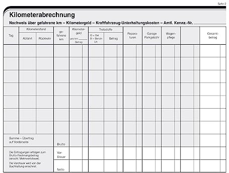 Formular zur Erfassung von Reisekosten und gefahrenen Kilometern, VE 1 Block