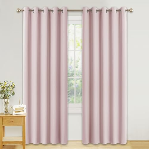PONY DANCE Barngardiner, rosa – värmeisolerade mörkläggningsgardiner för rum, enfärgade öljettgardiner, draperier, heminredning, set med 2, 167 cm (66 tum) breda x 228 cm (90 tum) långa, ljusrosa | Ljusrosa, värmeisolerande, för barnrum, med ringar, integritet, anti-UV, enkel tvätt, mörkläggning