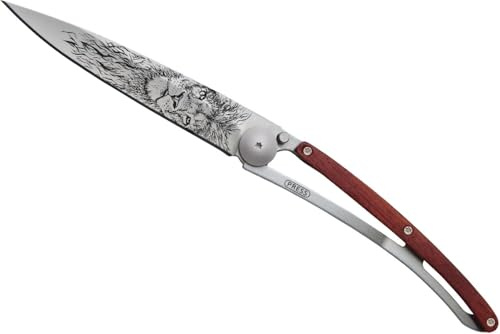 Deejo Leichtgewichtsmesser, TATTOO 37g LION, Stahl Z40C13,, Coralwood, Liner-Lock, Mikrofaser-Etui, Clip, Magnet-Box