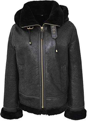 A1 FASHION GOODS Damen Echt Schwarz Schaffell Fliegende Jacke Mit Kapuze Shearling B3 Pilot Fliegermantel Maria (S - EU 36)