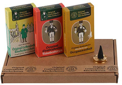 Crottendorfer Räucherkerzen - Nostalgie Düfte Weihrauch, Bergmannsduft und Erzgebirgischer Weihnachtsduft - in Geschenkverpackung mit Messingschale (3 x 24 Stück)