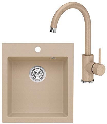VBChome Spülbecken mit Armatur 45 x 50 cm Beige Einzelbecken Einbauspüle Spüle Küchenspüle Spültischarmatur eckig gesprenkelt + Siphon