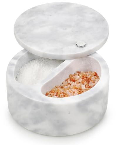Homiu Salt Cellar Marble 2 Compartment with Swivel Top Storage Salt and Pepper Keeper Cellar Jar