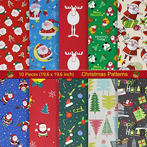 10 Stück Baumwollstoff Weihnachten Stoffpakete Patchwork Stoffe Baumwolle, 50x50cm Fabric Stoffe zum Nähen, Patchwork Stoffpaket zum Quilten DIY Basteln Handwerken (Bunt - B)