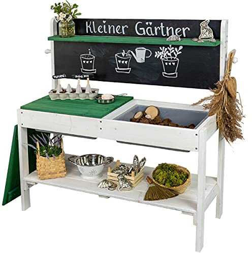Meppi Cucina matschü, piccolo giardiniere, bianco/verde, cucina per esterni, in legno, per bambini/tavolo fai da te