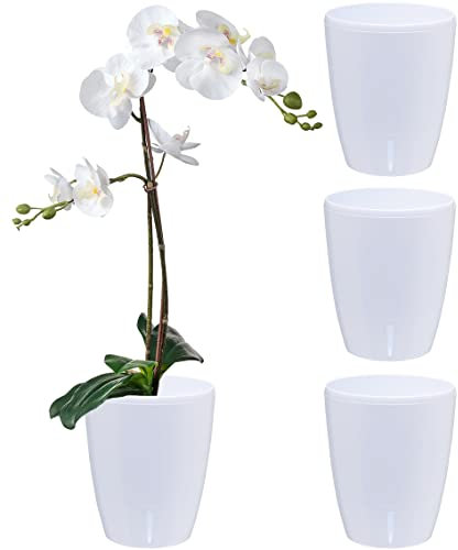 Santino 4er-Set Orchideentopf D 15cm Selbstbewässernder Topf mit Dochtsystem und Wasserstandsanzeige für den Innenbereich - White - 2L