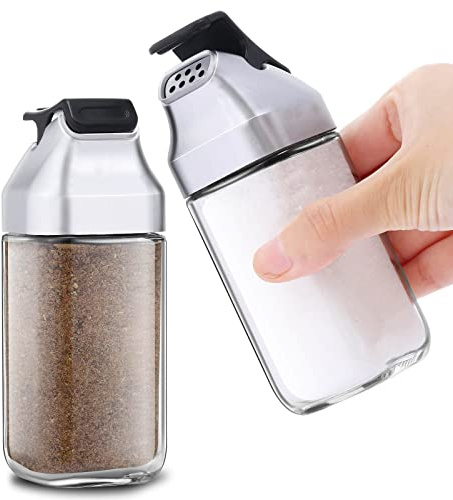 Glass Salt and Pepper Shakers Set - Moisture Proof Salt Shaker with Plastic Lid - Refillable Spice Dispenser for Kitchen or Travel - Cute Seasoning Shakers Container - Set of 2 Bottles