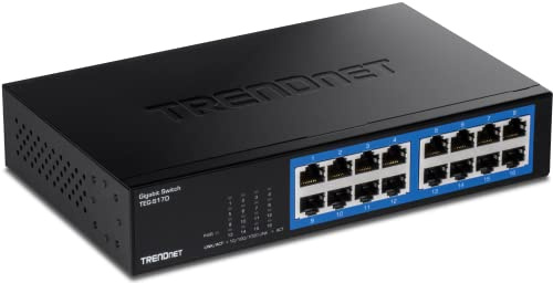 TRENDnet, TEG-S17D, 16-Port Gigabit Desktop Switch, 16 x Gigabit RJ-45 Ports, 32Gbps Schaltleistung, lüfterloses Design, Metallgehäuse, internes Netzteil