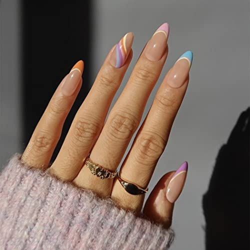 Sethexy Abstrakt Mandelform Falsche Nägel Französisch Press on Nails Swirl Fingernägel 24St Acryl Nägel zum Aufkleben für Frauen und Mädchen