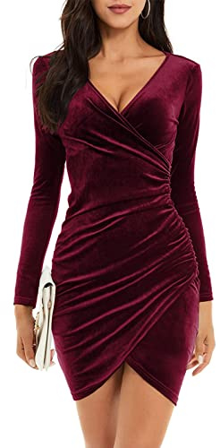 Niwicee Robe Velours Femme Hiver Soirée Élégante Col V Manches Longues Cache Coeur Robes Sexy Plissée Moulante Fête Noël Nouvel an Robe Cocktail Mariage-Vin Rouge-XL