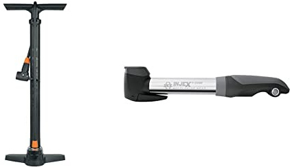 SKS GERMANY AIR-X-PRESS 8.0 Standpumpe (Luftpumpe mit MULTI VALVE-Ventilkopf in modernem Design, präzise Druckkontrolle, Druck max.: 8 bar/115 PSI), schwarz, 600 mm & INJEX T-ZOOM Kompaktpumpe, Silber