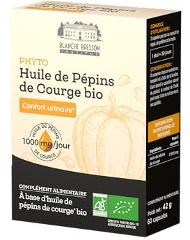 BLANCHE BRESSON - Huile de Pépins de Courge Bio - Confort Urinaire Homme, Débit & Volume Prostate, Diminution Envies d'Uriner, Débit Urinaire - 60 Capsules - Cure de 30 Jours - Fabriqué en France